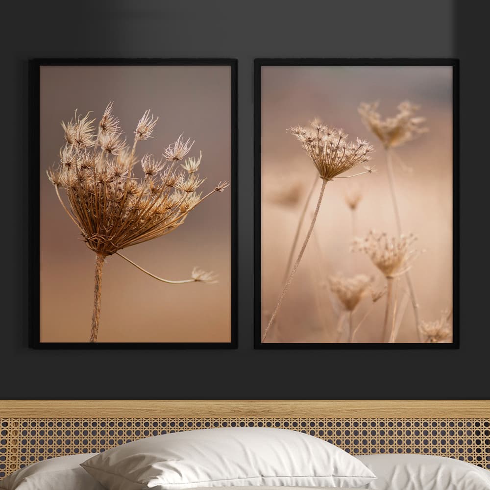 Kit Quadros Decorativos Florais e Folhagens Dente de Leão Plantas Secas Outono